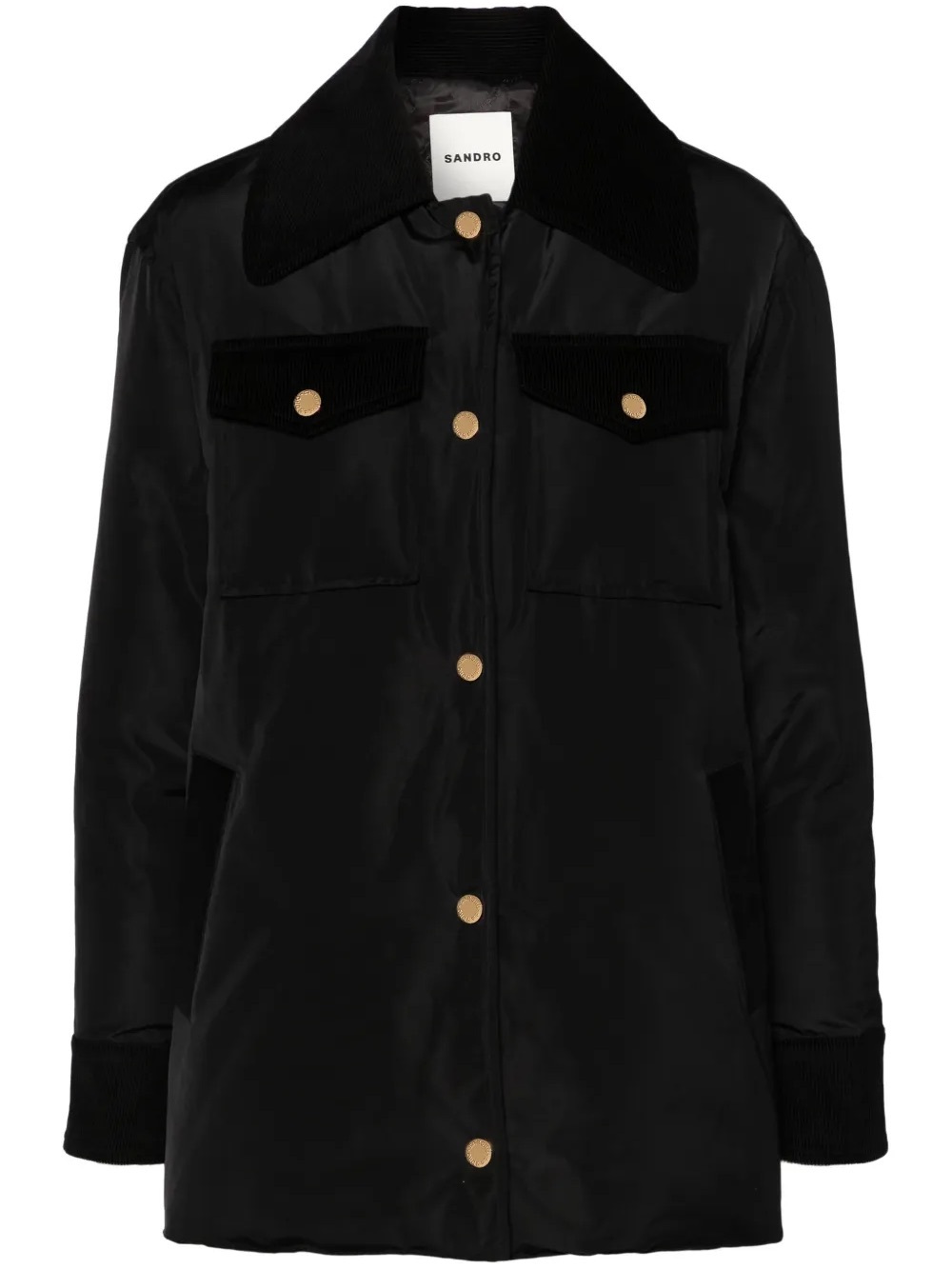Sandro Black Quilted Puffer Jacket with Corduroy Trim - Picture 4 of 10